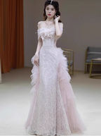 Elegant Light Pink Mermaid Off-The-Shoulder Sequined Sheer Tulle Long Formal Prom Dress