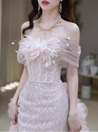 Elegant Light Pink Mermaid Off-The-Shoulder Sequined Sheer Tulle Long Formal Prom Dress