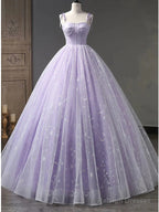Elegant Light Purple A-Line Tulle Straps Long Prom Dress Evening Dress,