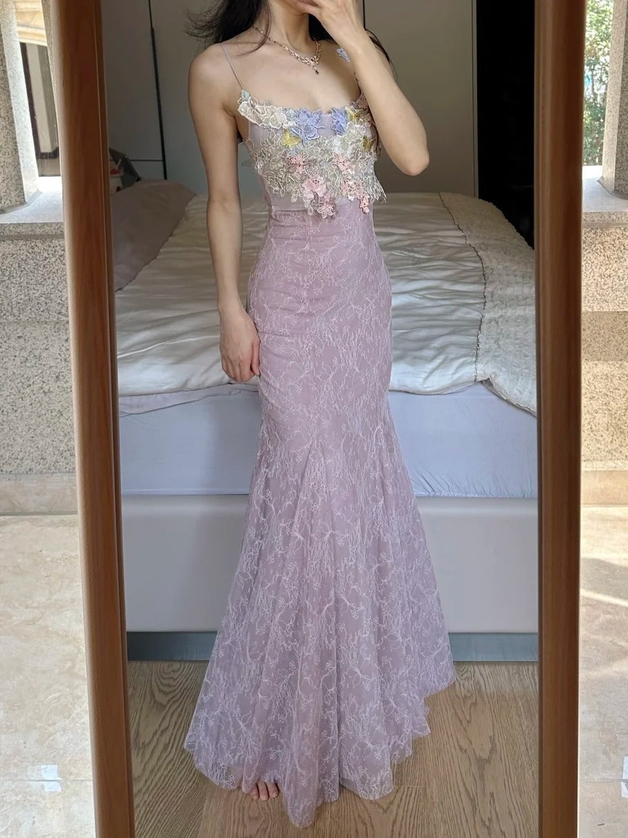 Elegant Light Purple Mermaid Square Neck 3D Floral Lace Long Formal Prom Dress