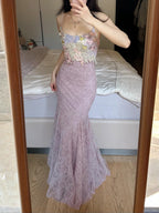 Elegant Light Purple Mermaid Square Neck 3D Floral Lace Long Formal Prom Dress