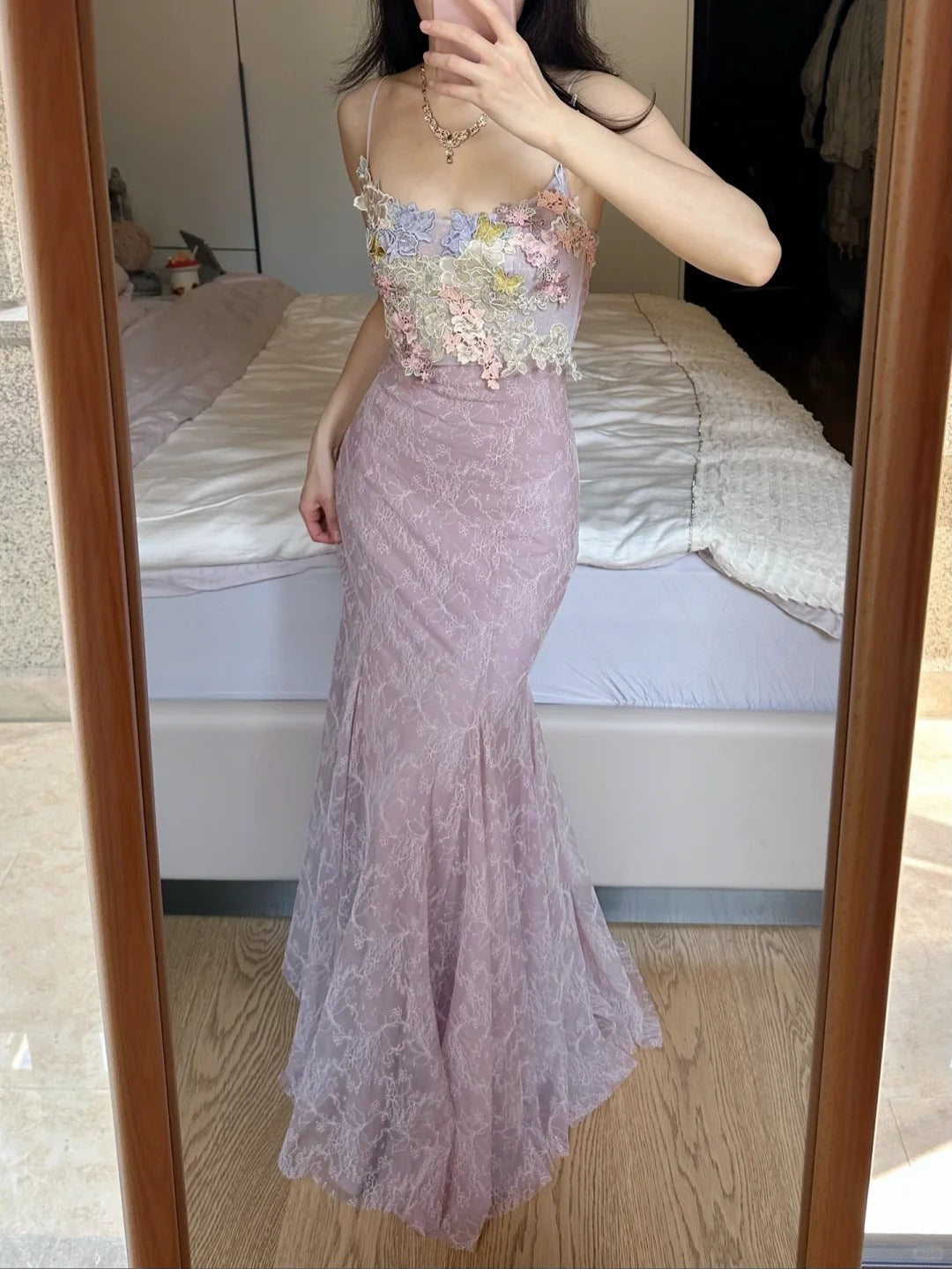 Elegant Light Purple Mermaid Square Neck 3D Floral Lace Long Formal Prom Dress