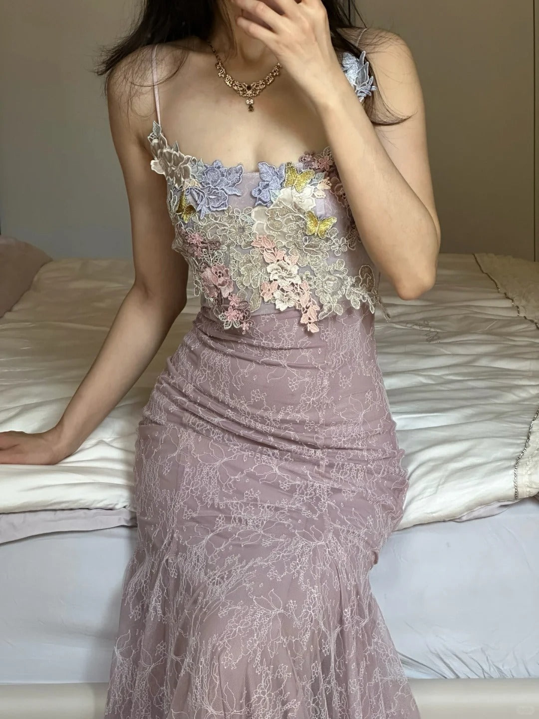 Elegant Light Purple Mermaid Square Neck 3D Floral Lace Long Formal Prom Dress