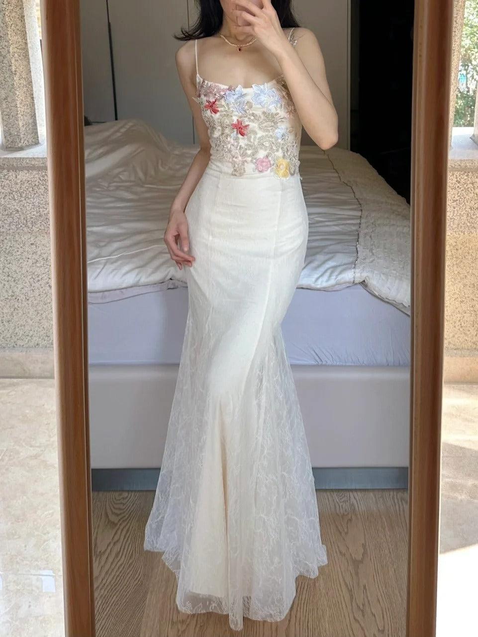 Elegant Light Purple Mermaid Square Neck 3D Floral Lace Long Formal Prom Dress