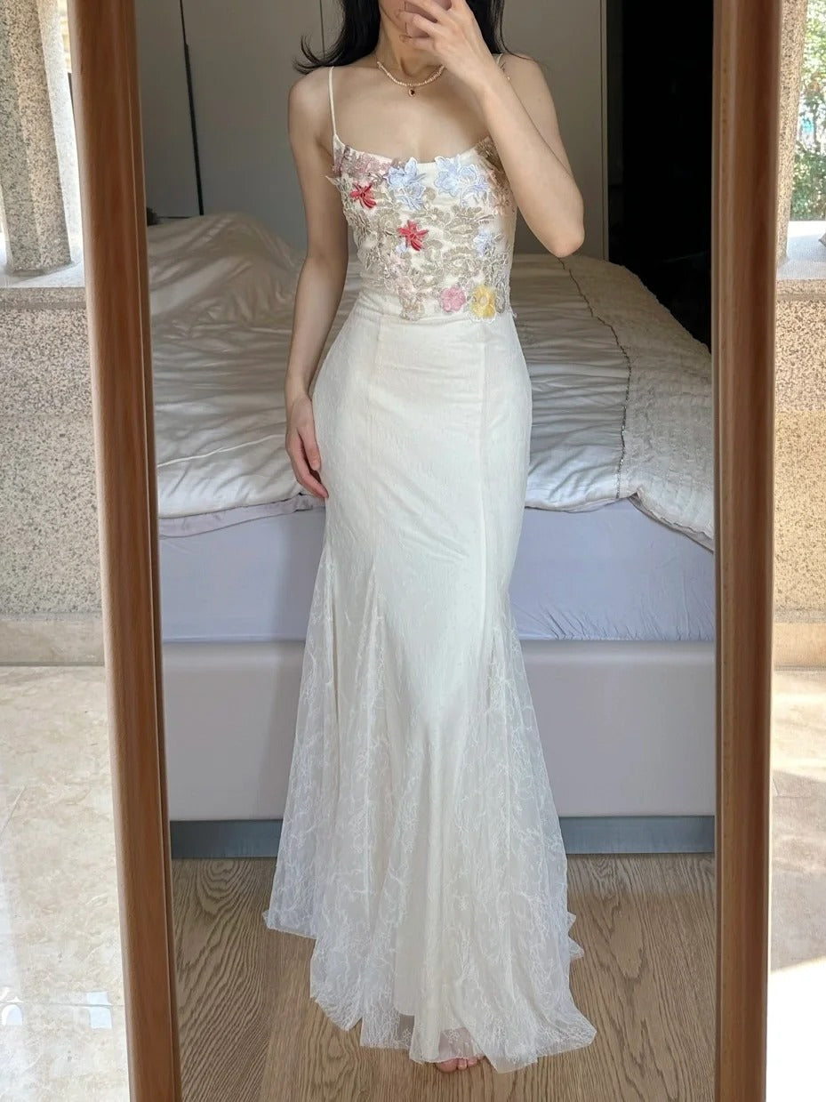 Elegant Light Purple Mermaid Square Neck 3D Floral Lace Long Formal Prom Dress