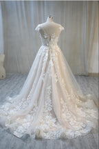 Elegant Long A Line Bateau Backless Appliques Lace Tulle Wedding Dresses