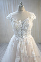 Elegant Long A-Line Bateau Backless Appliques Lace Tulle Wedding Dress