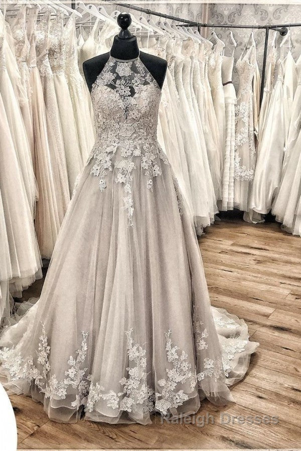 Elegant Long A Line Halter Backless Appliques Lace Tulle Ruffles Train Wedding Dress Main image