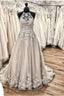 Elegant Long A Line Halter Backless Appliques Lace Tulle Ruffles Train Wedding Dress