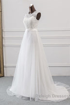 Elegant Long A Line Jewel Tulle Appliques Lace Wedding Dresses