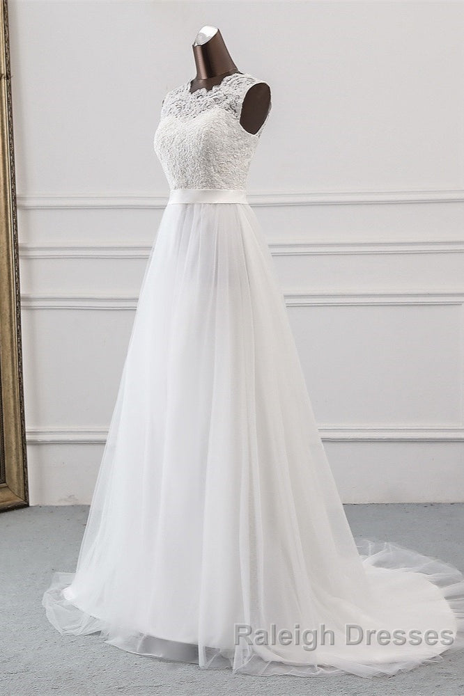 Elegant Long A Line Jewel Tulle Appliques Lace Wedding Dresses