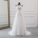 Elegant Long A Line Jewel Tulle Appliques Lace Wedding Dresses