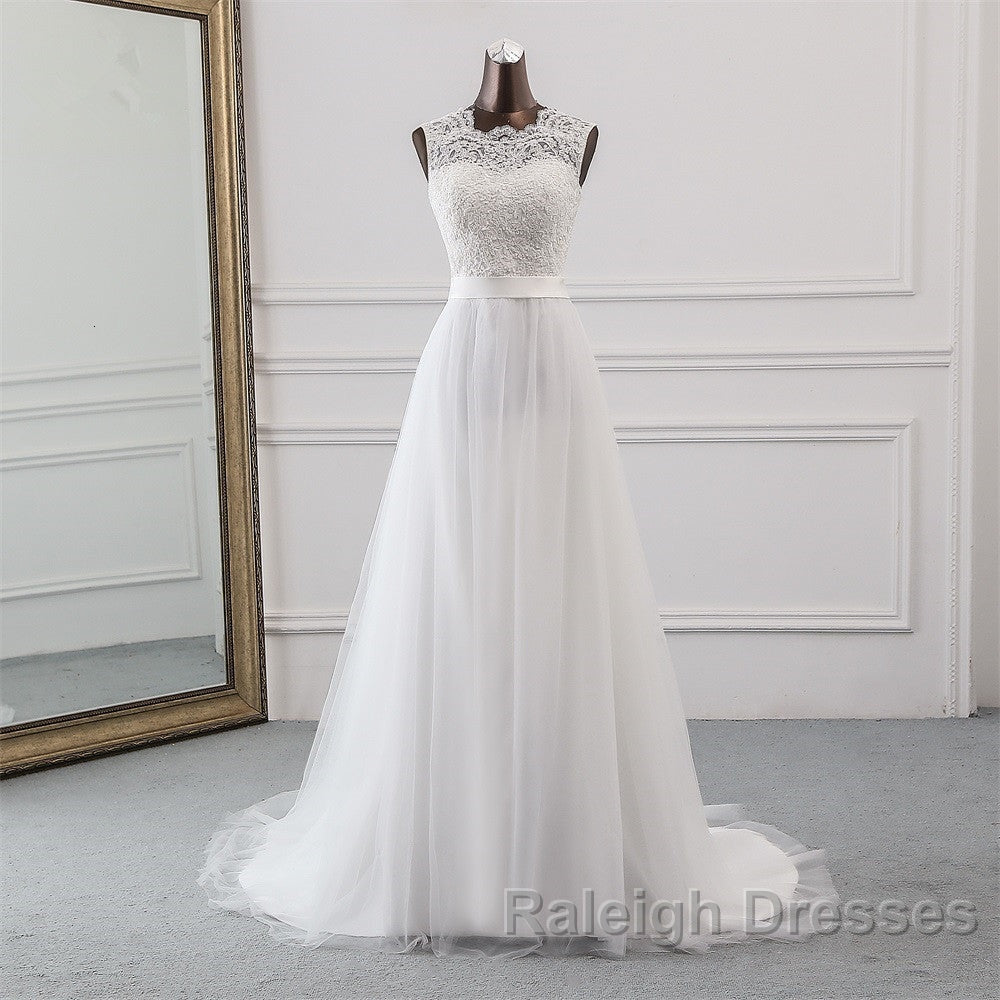 Elegant Long A Line Jewel Tulle Appliques Lace Wedding Dresses