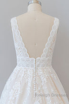 Elegant Long A Line V Neck Appliques Lace Tulle Backless Wedding Dresses