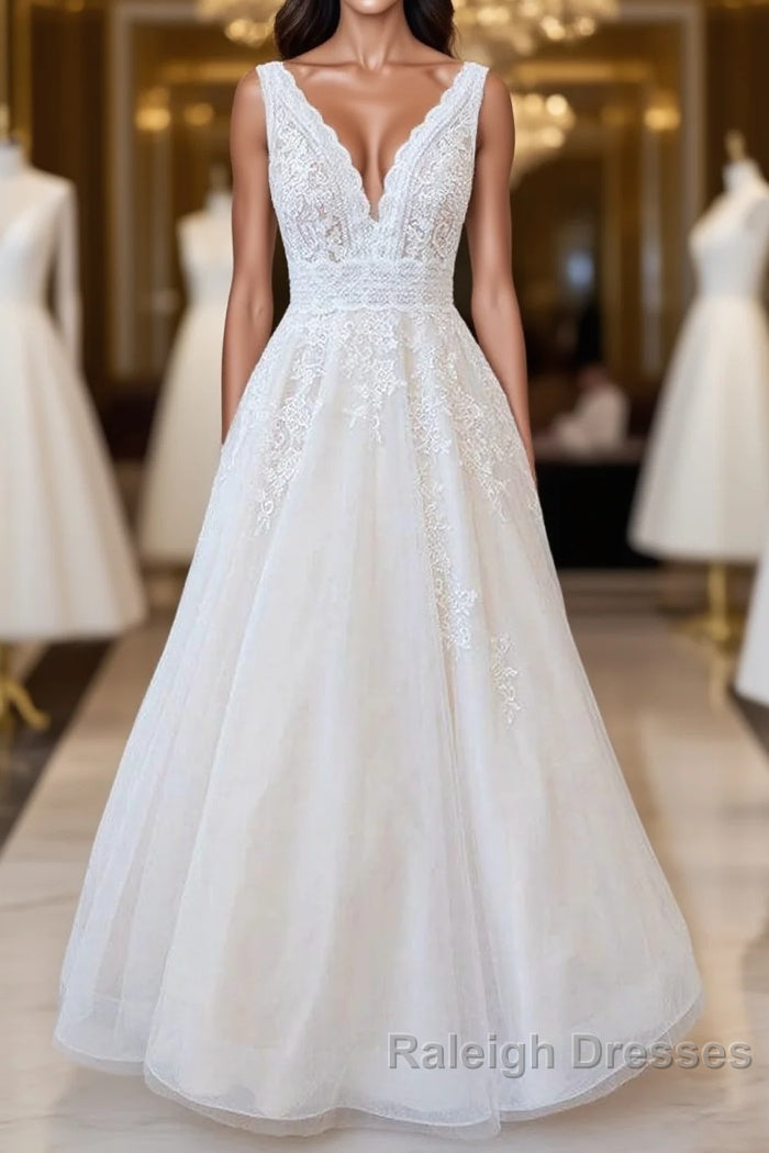 Elegant Long A Line V Neck Appliques Lace Tulle Backless Wedding Dresses