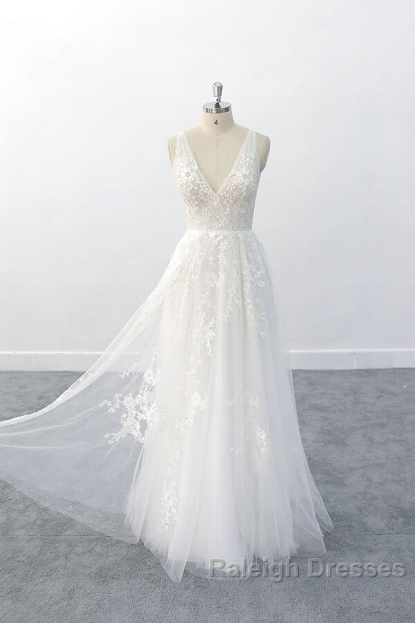 Elegant Long A Line V Neck Appliques Tulle Backless Wedding Dresses