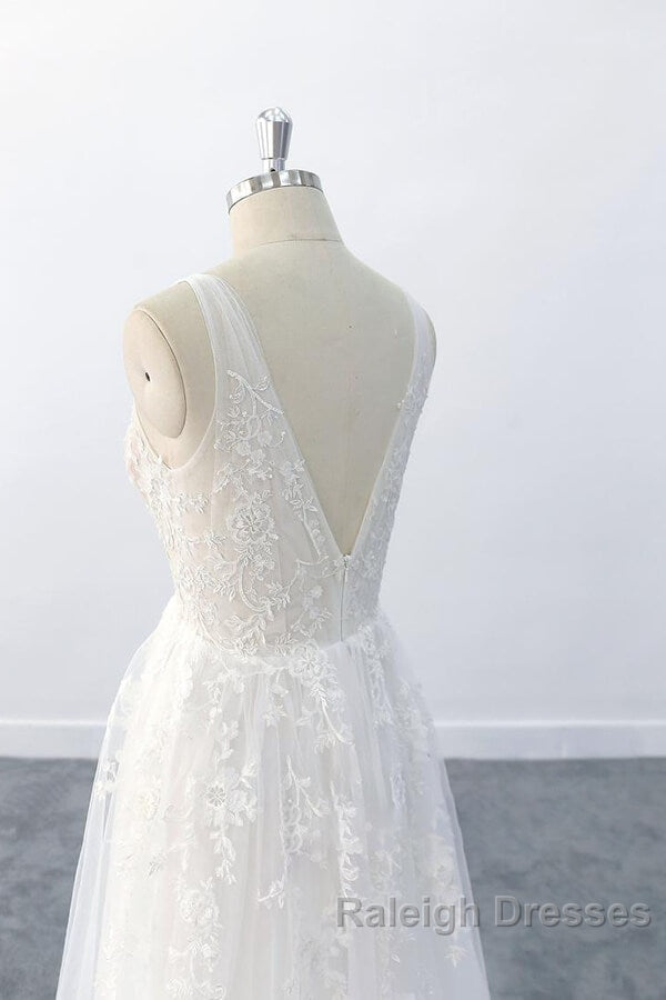 Elegant Long A Line V Neck Appliques Tulle Backless Wedding Dresses