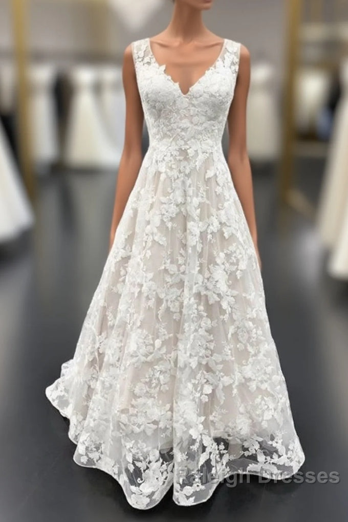 Elegant Long A Line V Neck Floral Lace Wedding Dresses