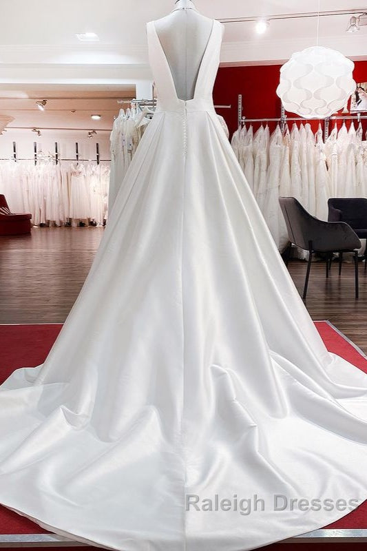 Elegant Long A Line V Neck Satin Ruffles Open Back Wedding Dress