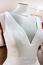 Elegant Long A Line V Neck Satin Ruffles Open Back Wedding Dress