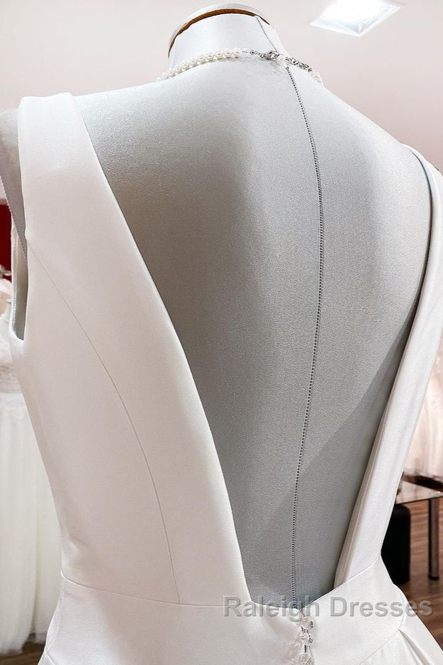 Elegant Long A Line V Neck Satin Ruffles Open Back Wedding Dress