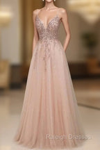 Elegant Long A-line V-neck Sequins Tulle Backless Prom Dress