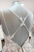 Elegant Long A Line V Neck Sleeveless Ruffles Backless Wedding Dresses
