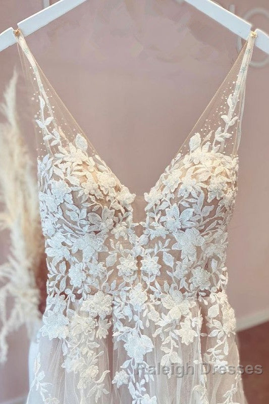 Elegant Long A Line V Neck Tulle Appliques Lace Open Back Wedding Dresses Secondary image