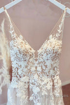 Elegant Long A Line V Neck Tulle Appliques Lace Open Back Wedding Dresses