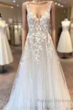 Elegant Long A Line V Neck Tulle Appliques Lace Open Back Wedding Dresses