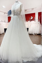 Elegant Long A Line V Neck Tulle Lace Open Back Wedding Dresses