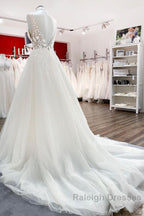 Elegant Long A Line V Neck Tulle Lace Open Back Wedding Dresses
