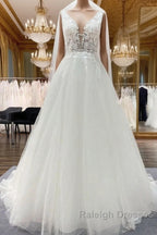 Elegant Long A-line V Neck Tulle Lace Open Back Wedding Dress