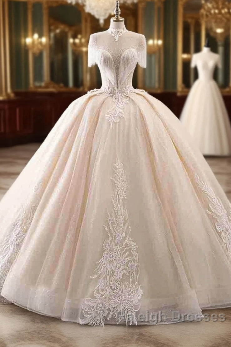 Elegant Long Ball Gown High Neck Tassel Sleeves Tulle Wedding Dress Main image