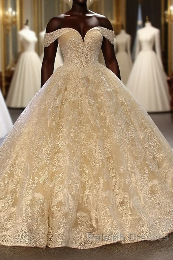 Elegant Long Ball Gown Off the shoulder Tulle Lace Wedding Dress Main image