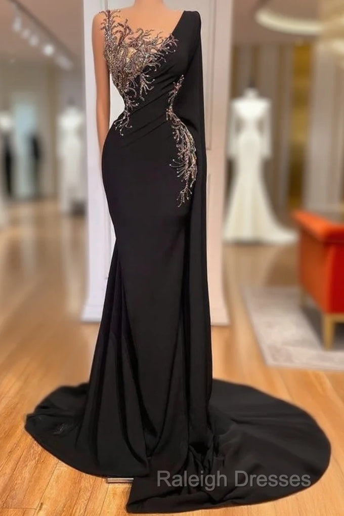 Elegant Long Black Mermaid Beading Lace Prom Dresses Main image