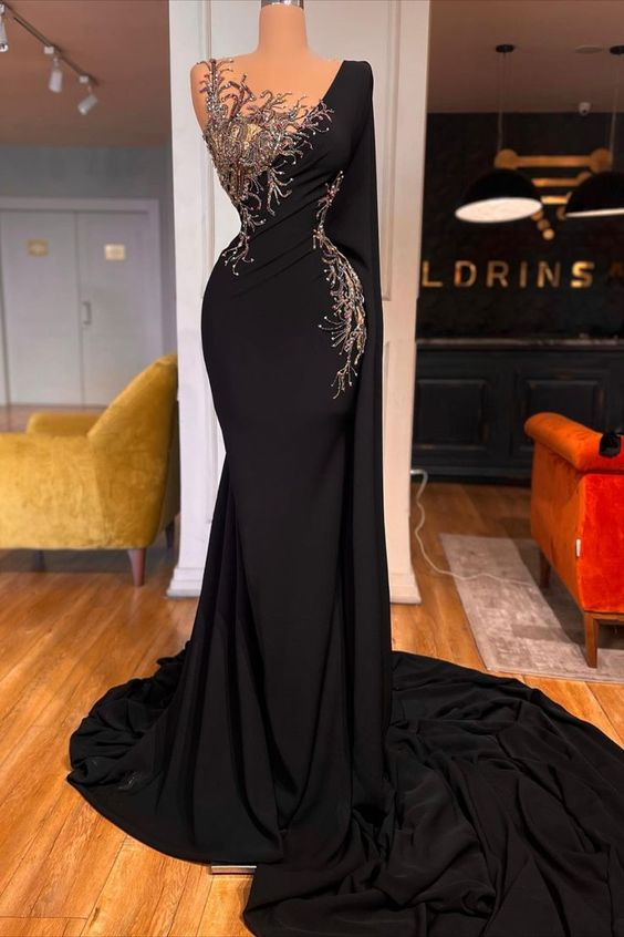 Elegant Long Black Mermaid Beading Lace Prom Dresses Main image