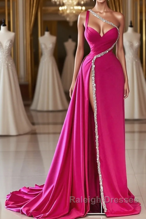 Elegant Long Fuchsia One Shoulder Jewels Sleeveless Prom Dresses Long Slit Online