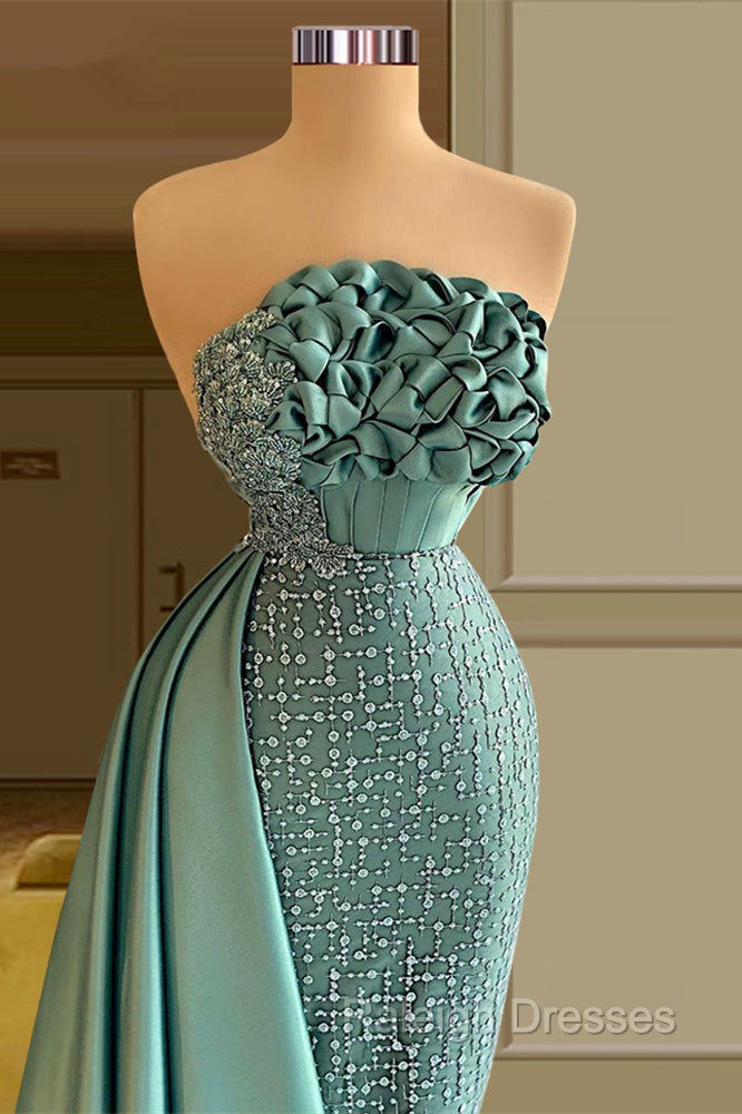 Elegant Long Green Mermaid Sleeveless Beading Prom Dresses With Ruffles Long Secondary image