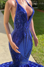 Elegant Long Mermaid Halter Satin Lace Backless Prom Dress