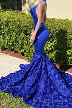 Elegant Long Mermaid Halter Satin Lace Backless Prom Dresses