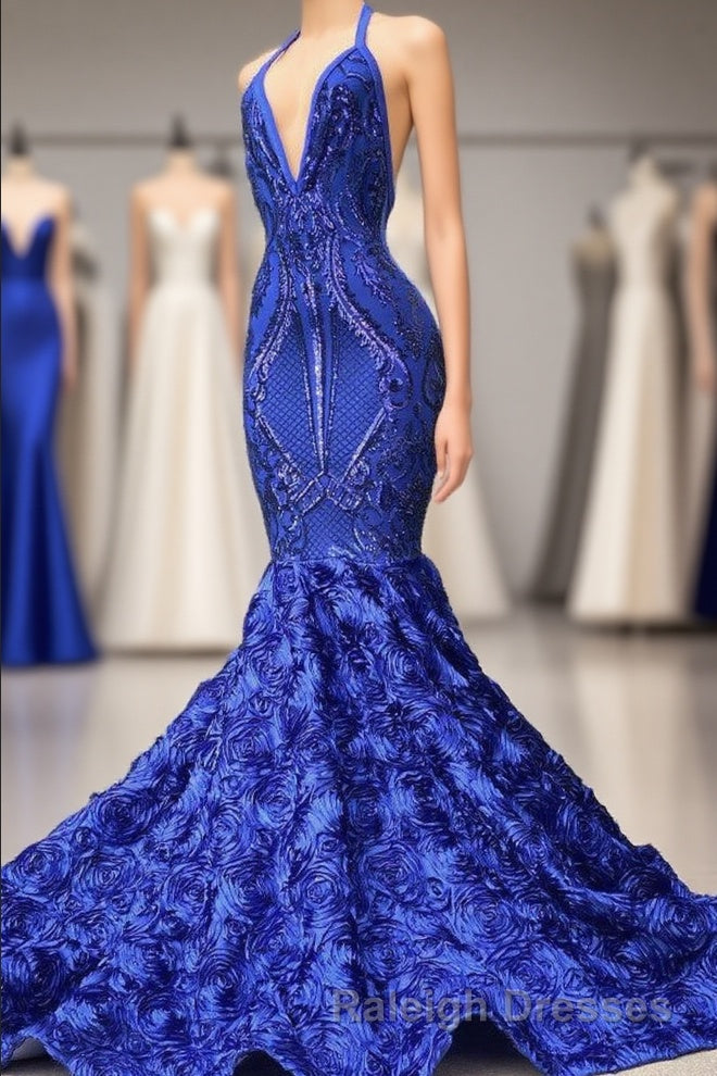 Elegant Long Mermaid Halter Satin Lace Backless Prom Dress Main image