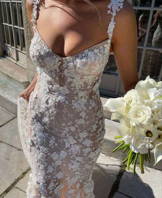 Elegant Long Mermaid Lace Applique Prom Dresses Wedding Dresses Prom Dresses