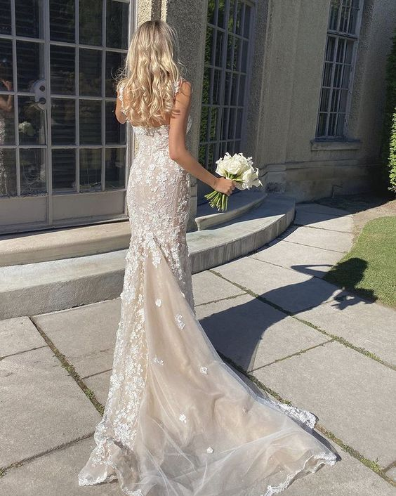 Elegant Long Mermaid Lace Applique Prom Dresses Wedding Dresses Prom Dresses