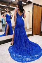 Elegant Long Mermaid Royal Blue V Neck Sleeveless Lace Prom Dress With Slit