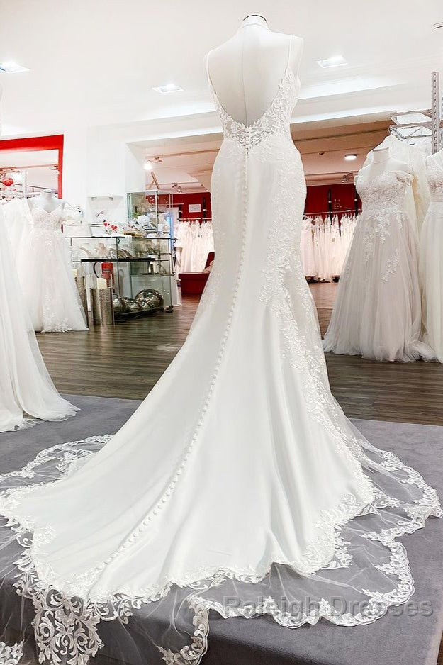Elegant Long Mermaid Spaghetti Straps Lace Satin Open Back Wedding Dresses