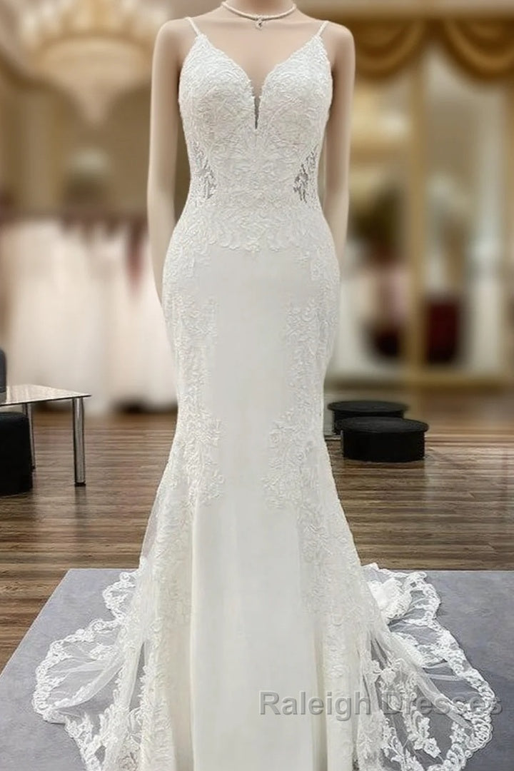 Elegant Long Mermaid Spaghetti Straps Lace Satin Open Back Wedding Dresses Main image