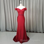 Elegant Long Mermaid Spandex Off Shoulder Party Dress, Wine Red Bridesmaid Dress