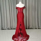 Elegant Long Mermaid Spandex Off Shoulder Party Dress, Wine Red Bridesmaid Dress