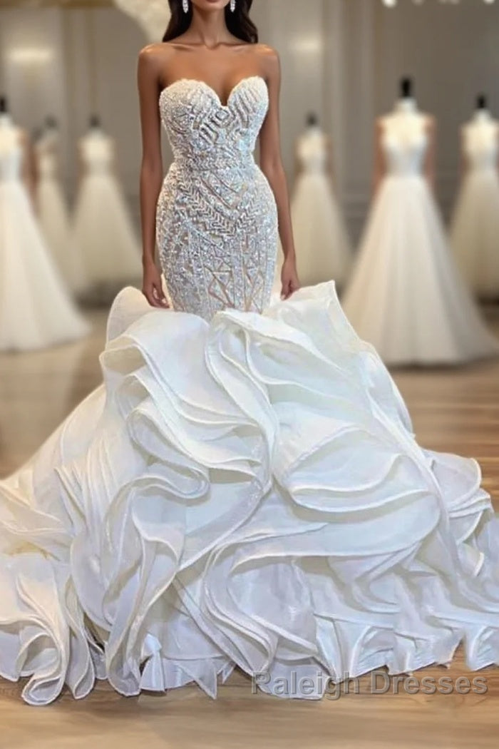 Elegant Long Mermaid Sweetheart Lace Up Crystal Wedding Dress Main image